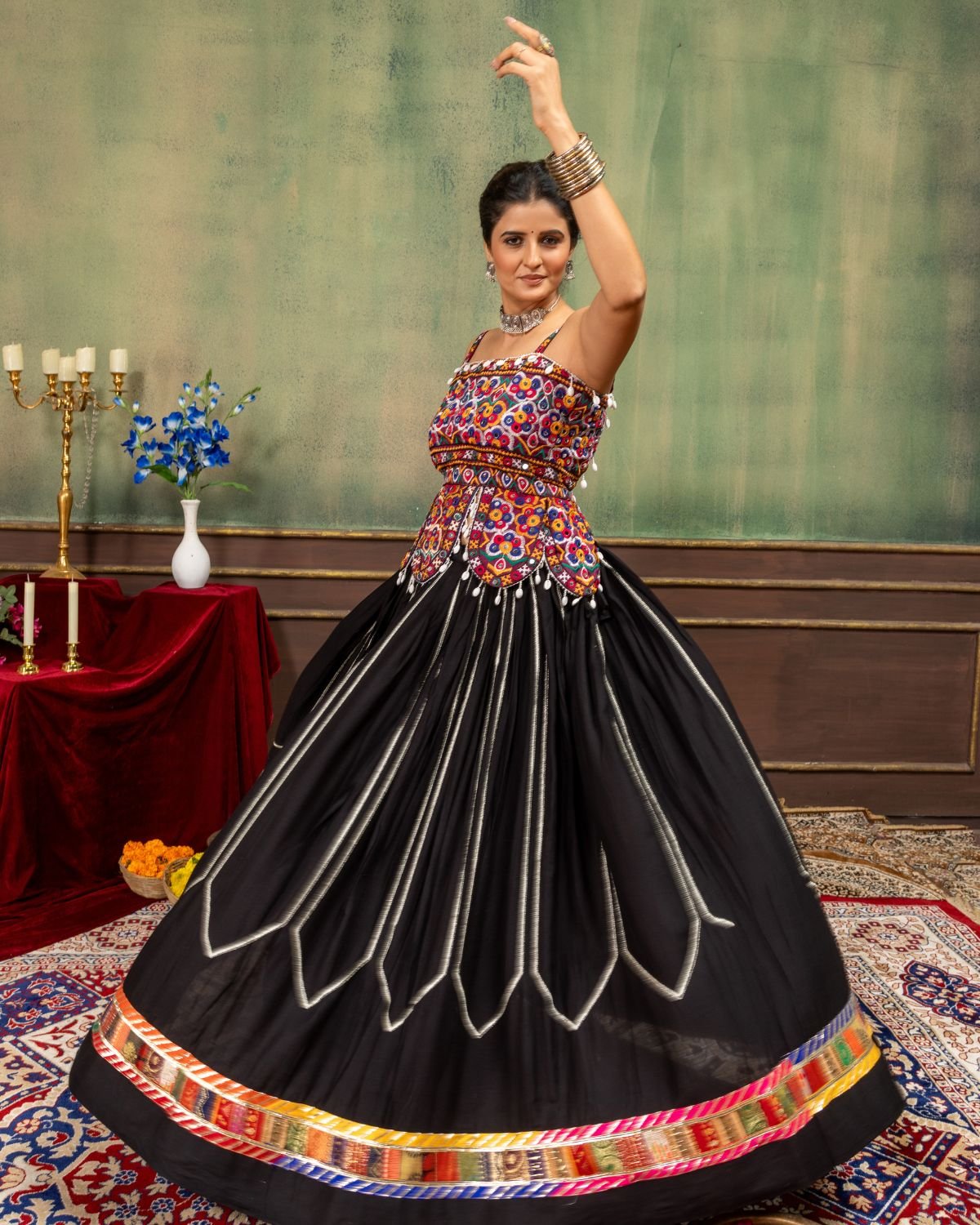 Traditional Kutchi Mirror Work Sleeveless Top with Pleated Flared Lehenga Set