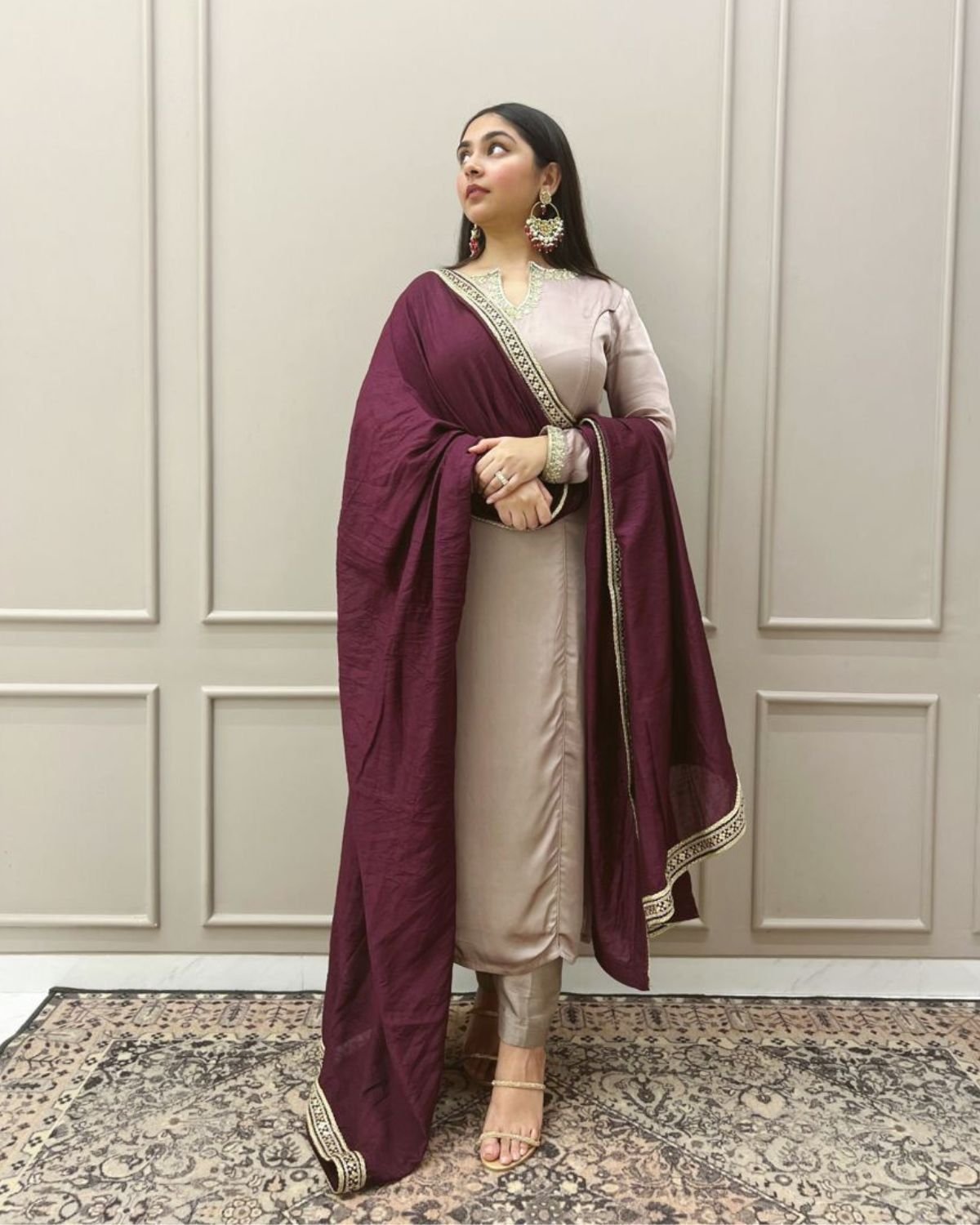 Premium Silk Blend Embroidered Straight Suit Set with Contrast Dupatta