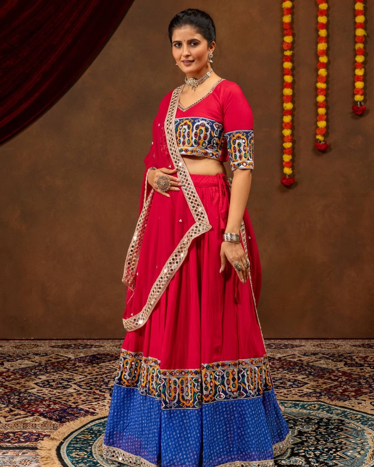 Embroidered Mirror Work Chaniya Choli Set with Bandhani Flare & Dupatta