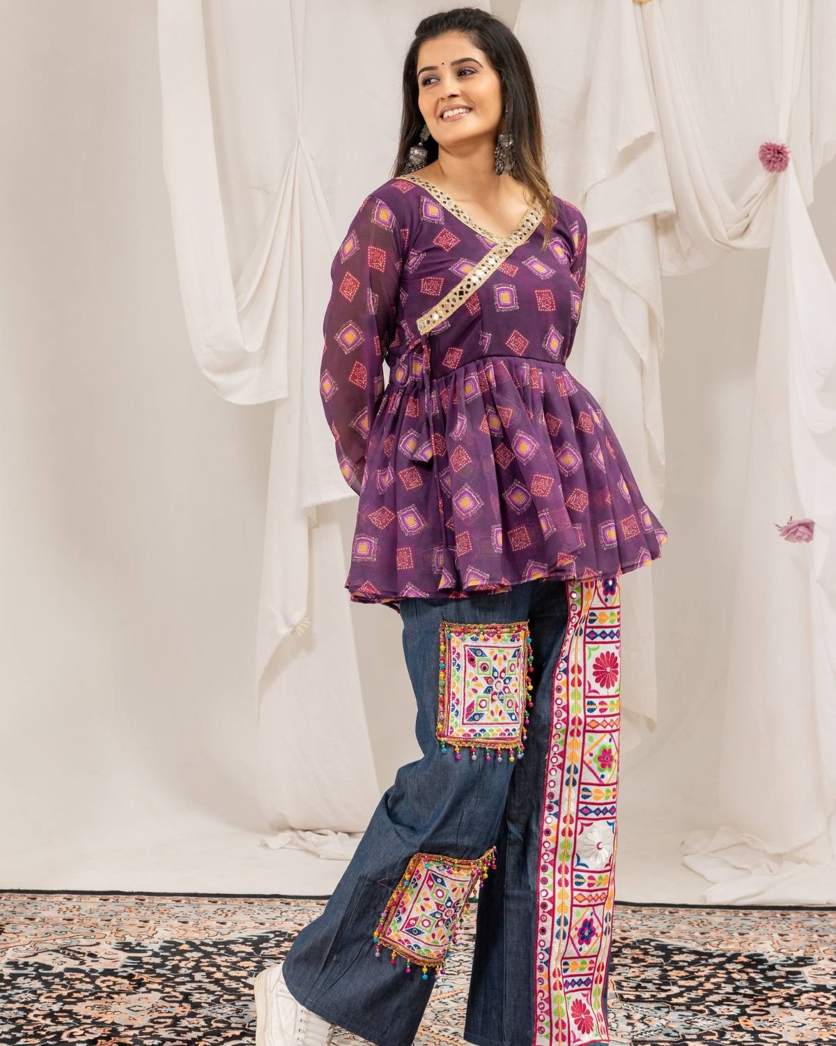 Angrakha Peplum Tunic with Embroidered Patchwork Denim Pants Set