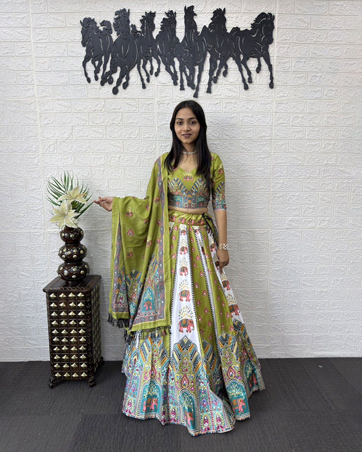 Folk Art Designer Lehenga Choli with Matching Dupatta Set
