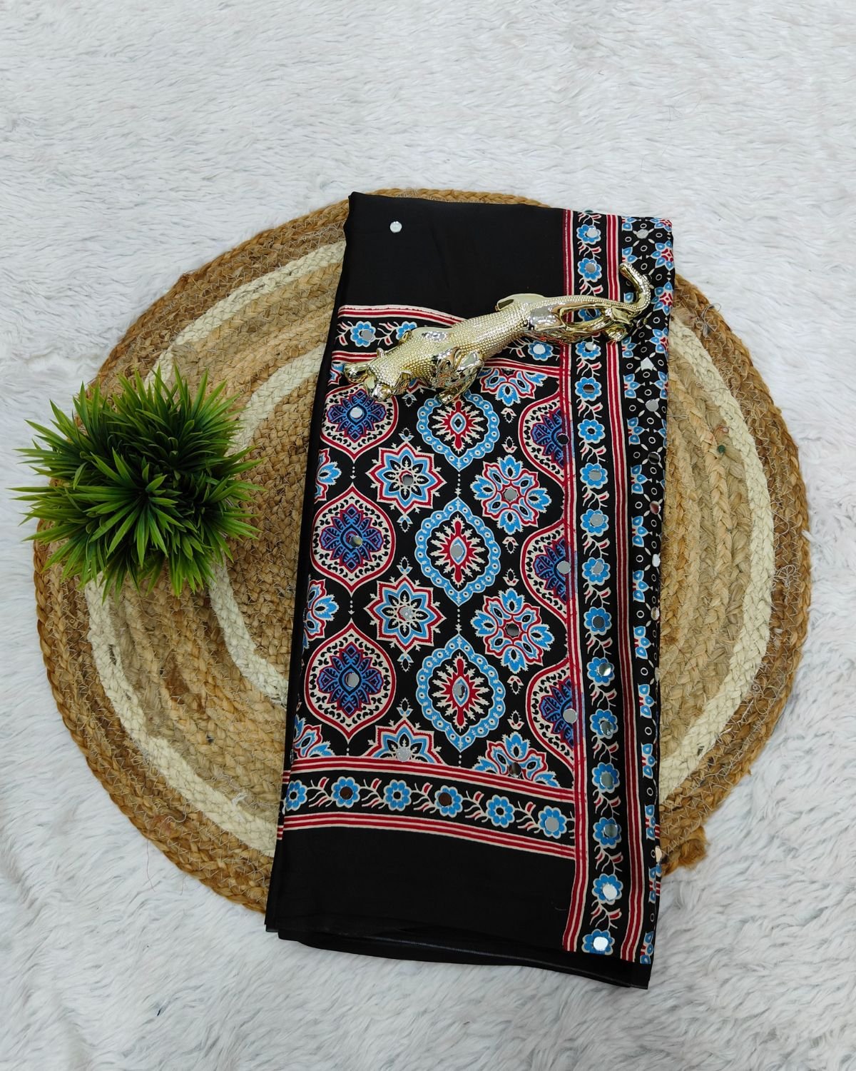 Printed Satin Saree with Kalamkari Motif Border and Embellished Accents