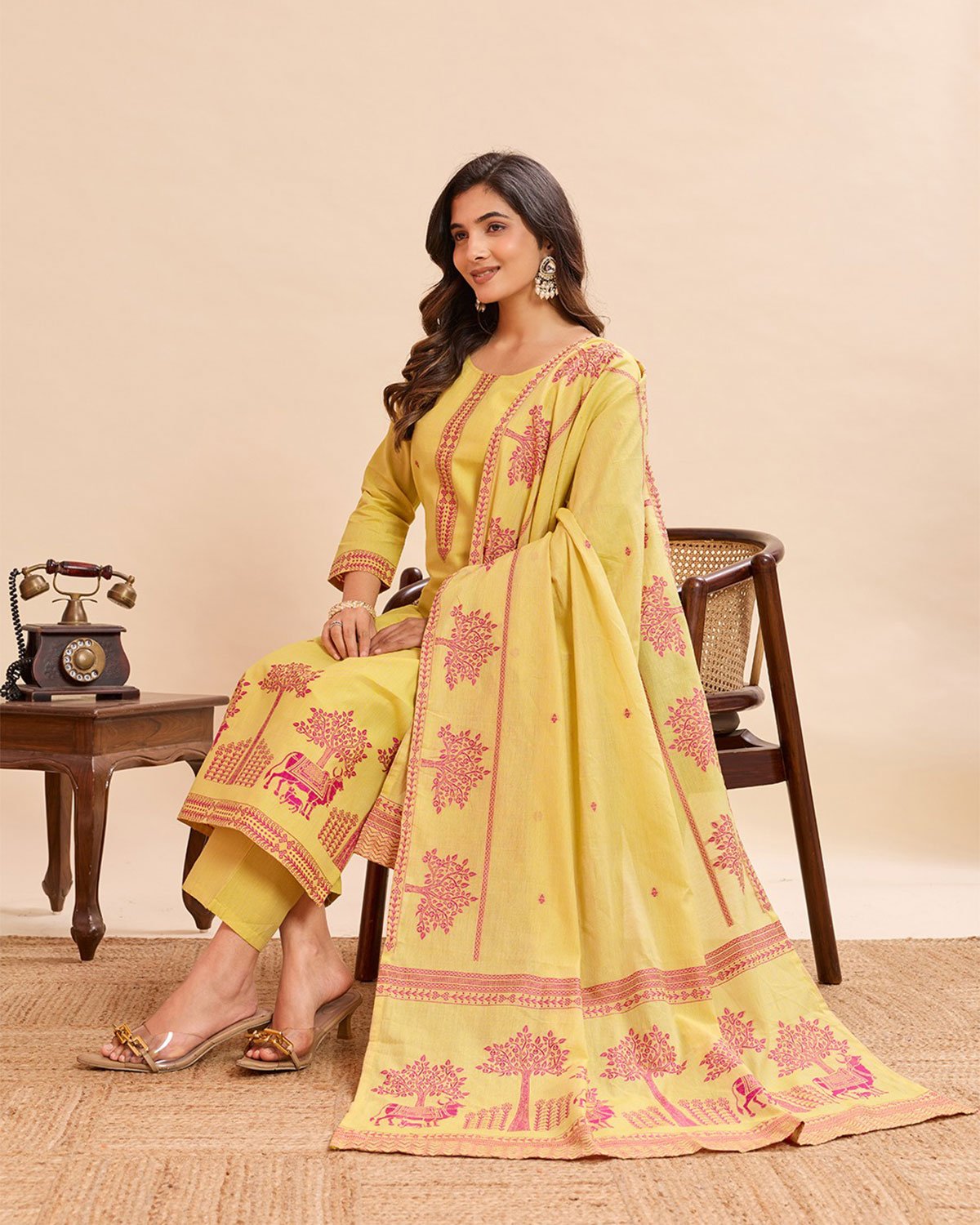 Pastel Yellow Ethnic Printed Salwar Suit Set – 3-Piece Cotton Suit