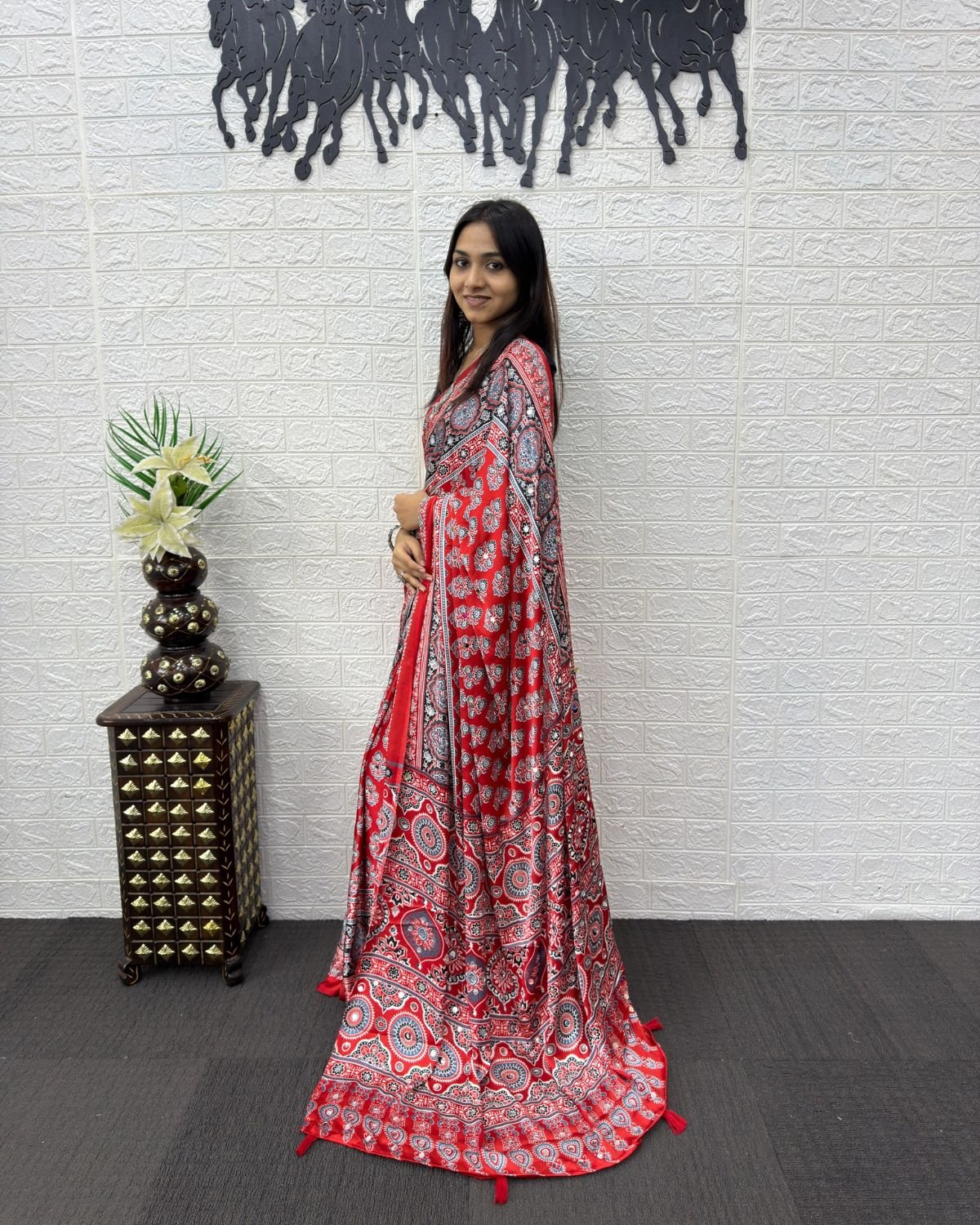 Block Printed Georgette Saree with Mirror Work Pallu and Tassel Accents