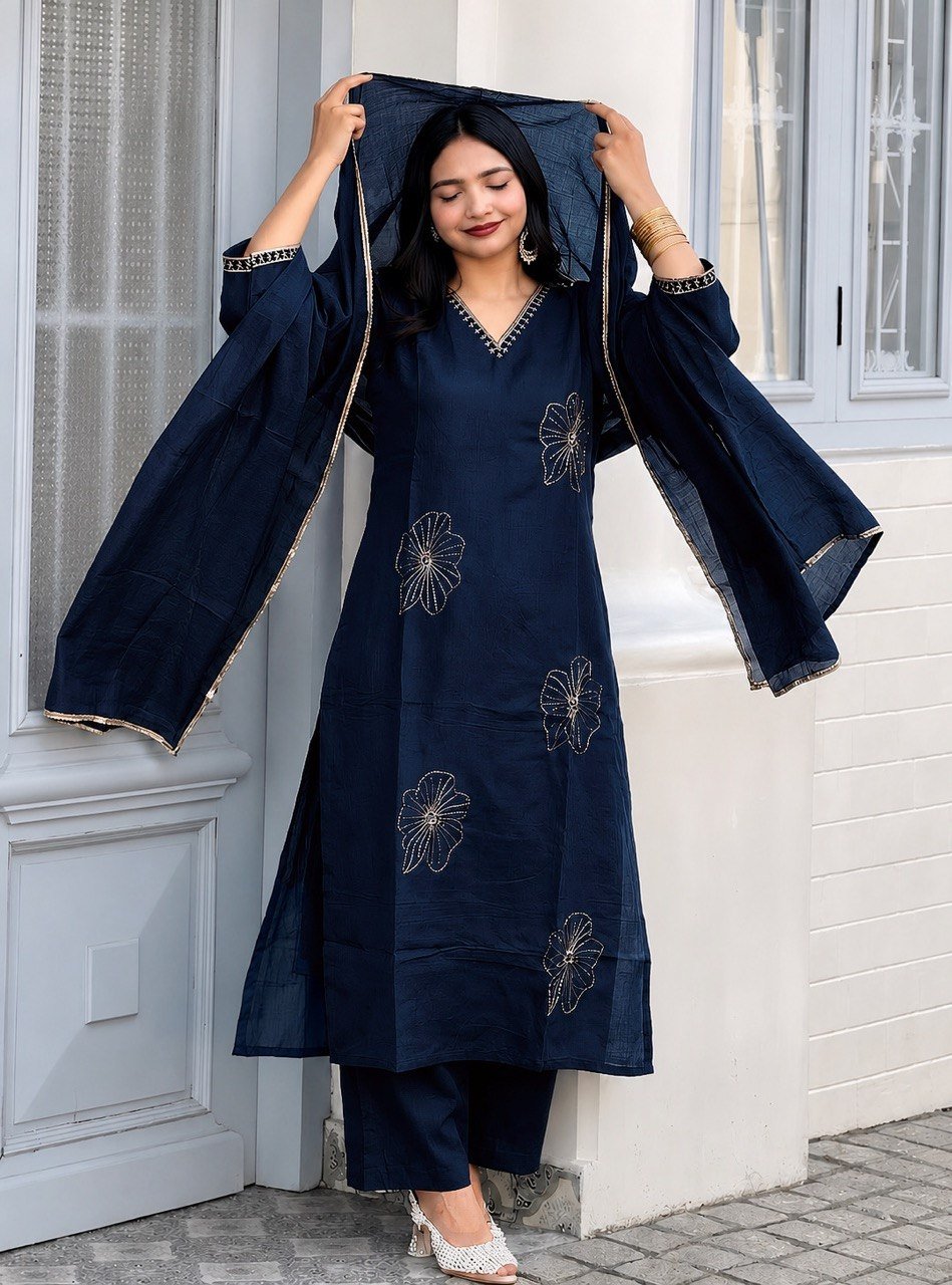 Elegant Embroidered Straight Cut Kurta Pant Set With Dupatta