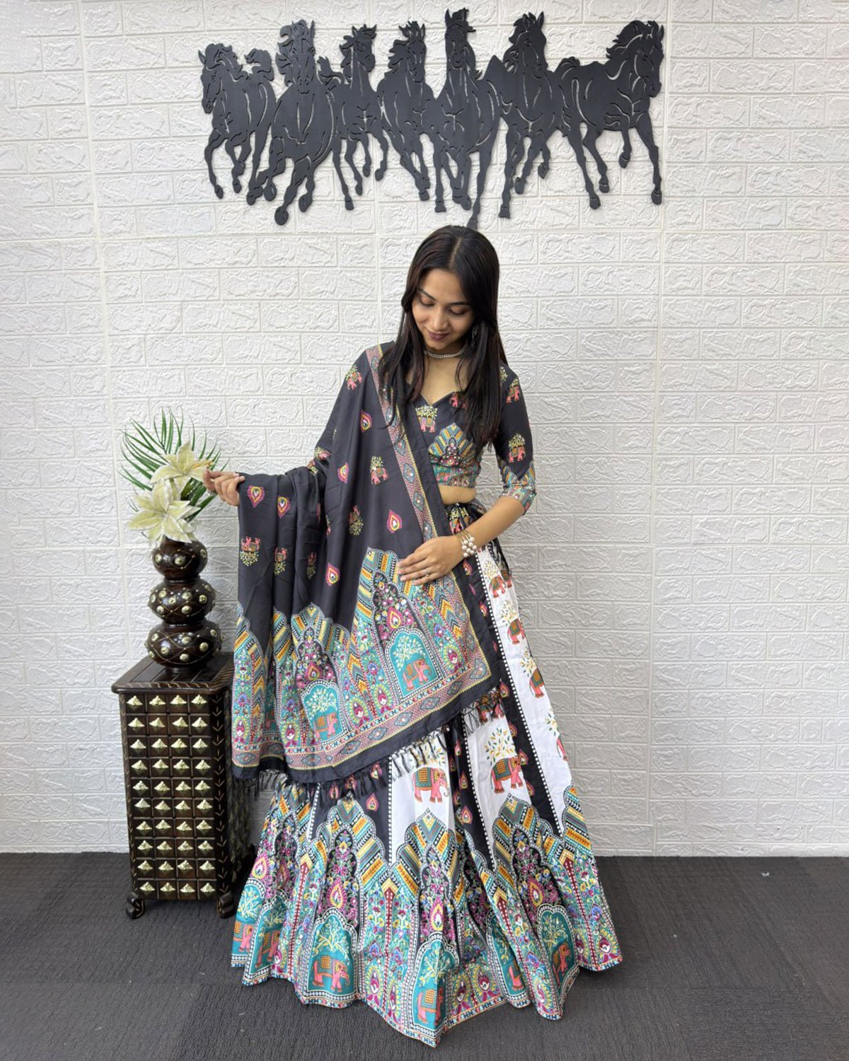 Folk Art Designer Lehenga Choli with Matching Dupatta Set