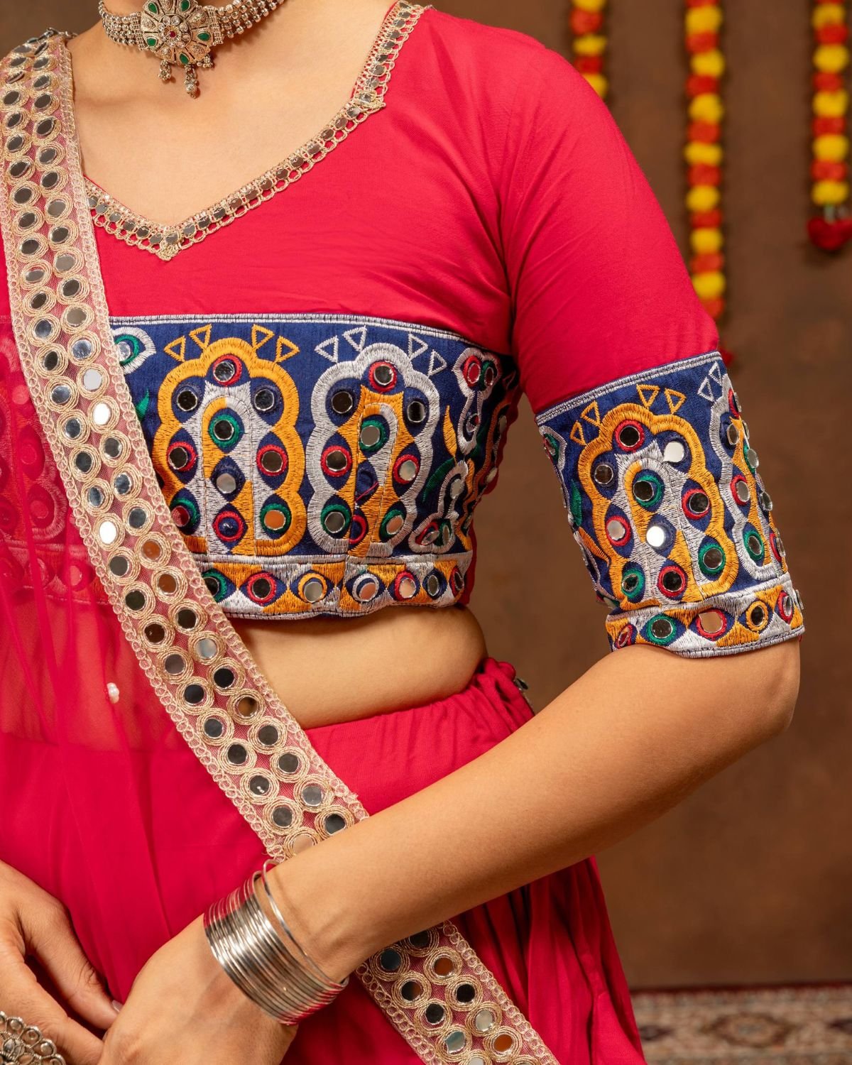 Embroidered Mirror Work Chaniya Choli Set with Bandhani Flare & Dupatta