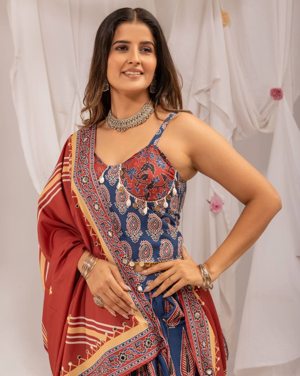 Block Printed Chaniya Choli Set with Mirror Work Border & Dupatta