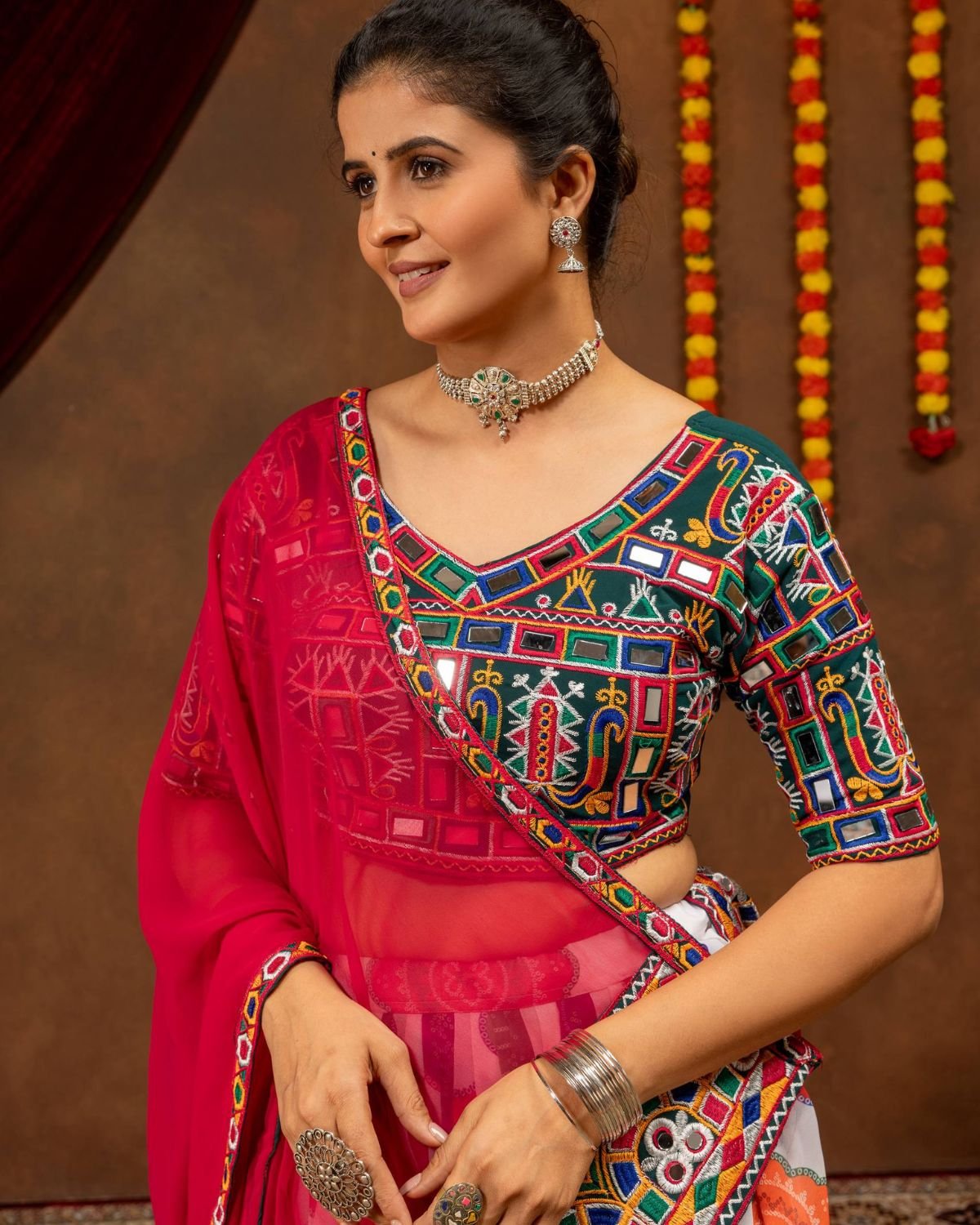 Printed Flared Chaniya Choli Set with Embroidered Mirror Work Blouse & Dupatta