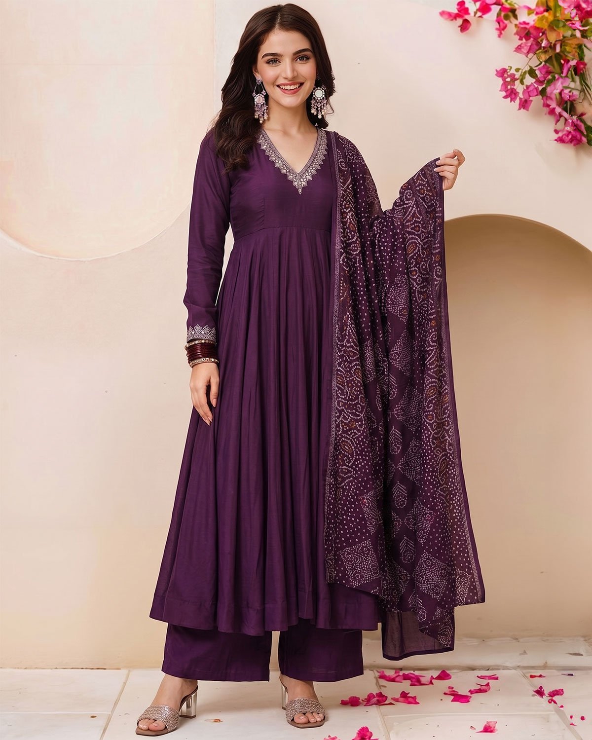 Women Embroidery V-Neck Anarkali Kurta with Palazzo and Bandhani Printed Dupatta