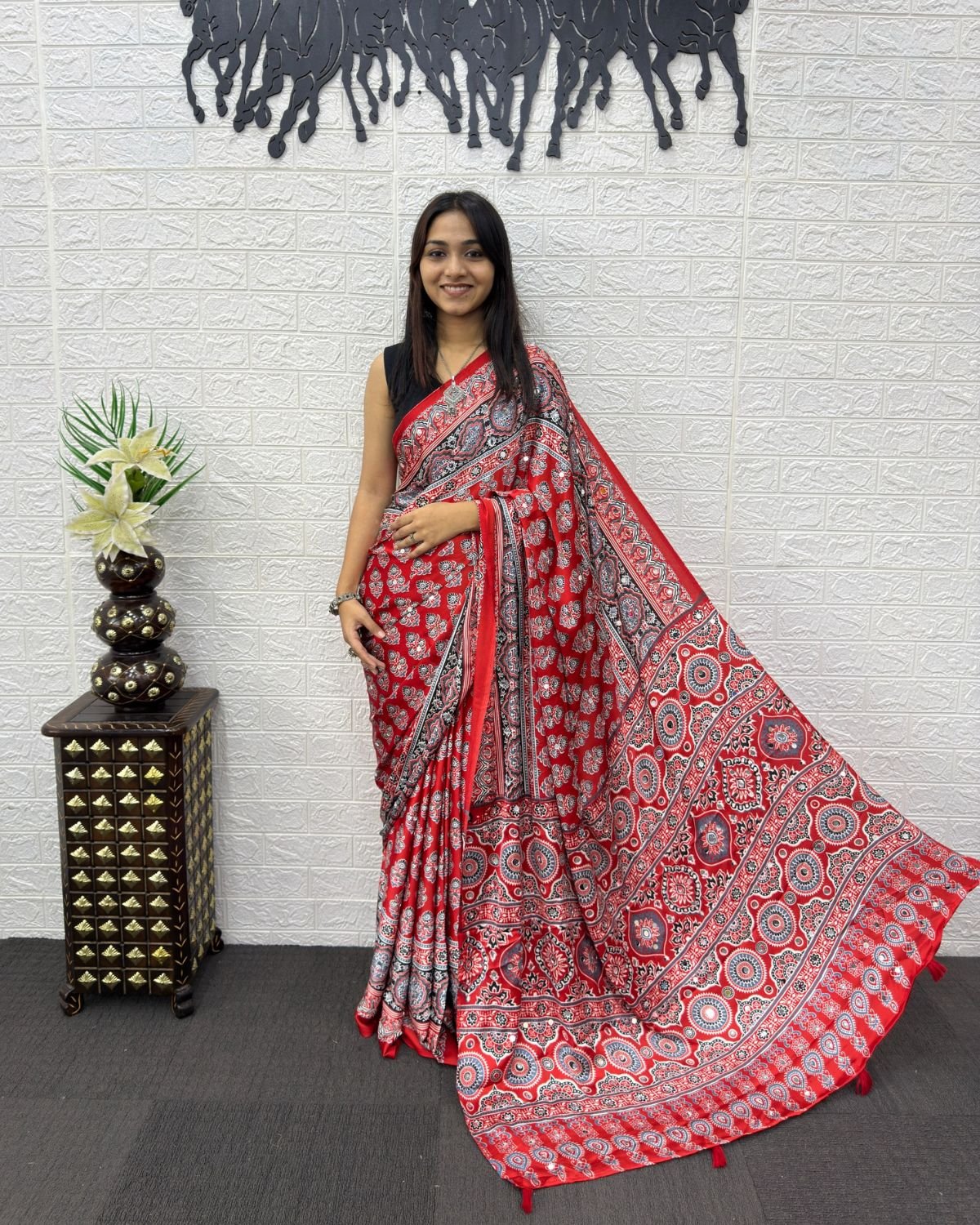 Block Printed Georgette Saree with Mirror Work Pallu and Tassel Accents