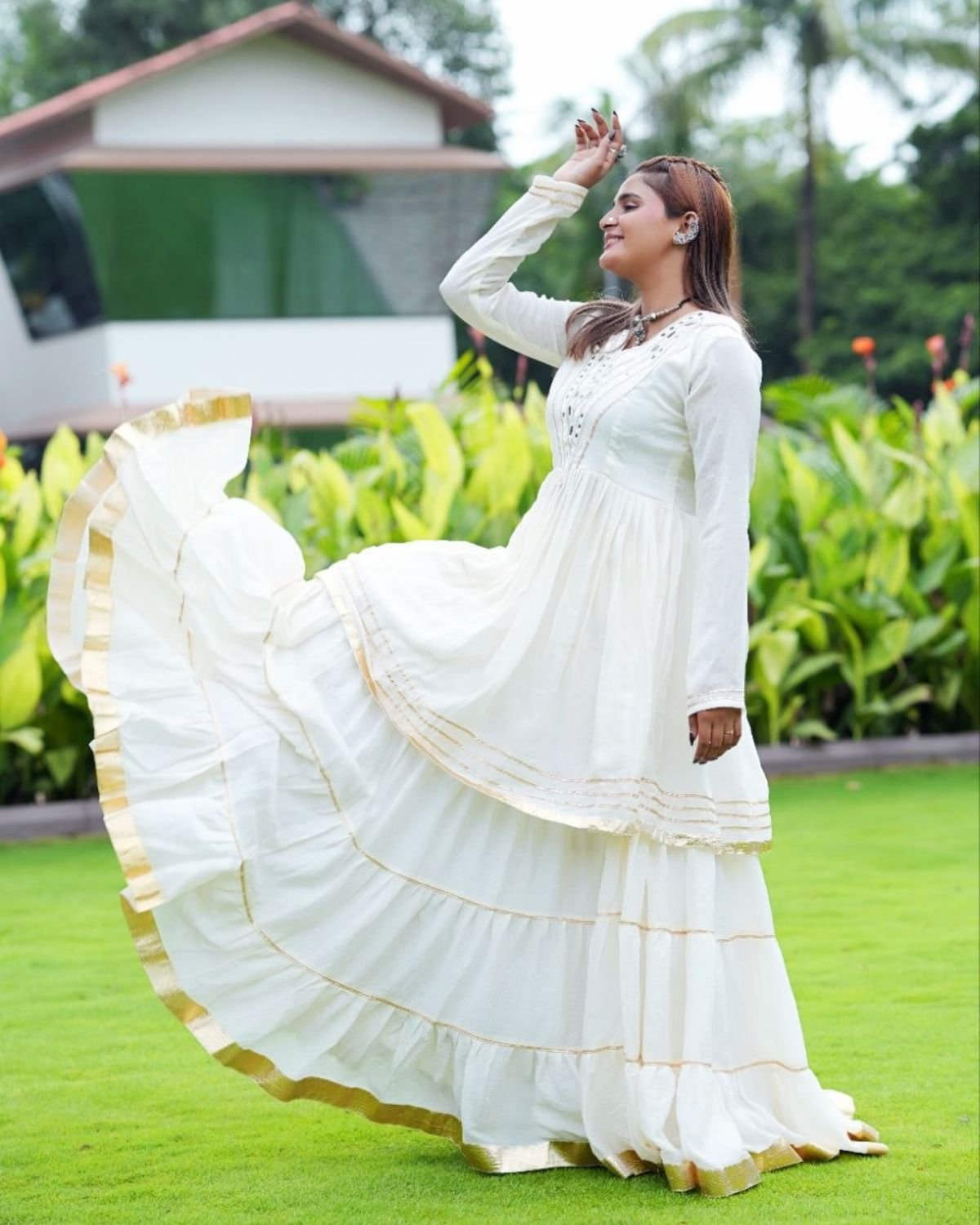 V-Neck Mirror Work Flared Kurti with Tiered Sharara Set