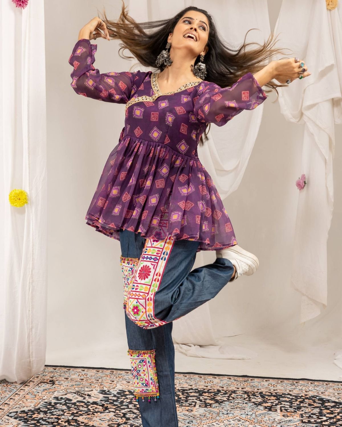 Angrakha Peplum Tunic with Embroidered Patchwork Denim Pants Set