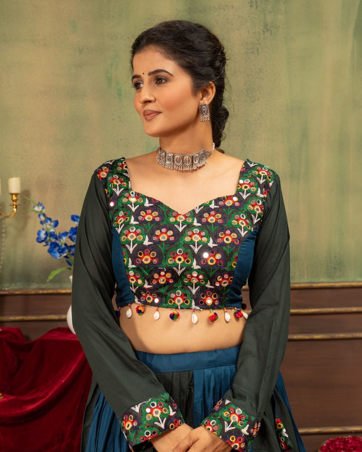 Embroidered Full Sleeve Crop Blouse with Tiered Panel Flared Lehenga Set