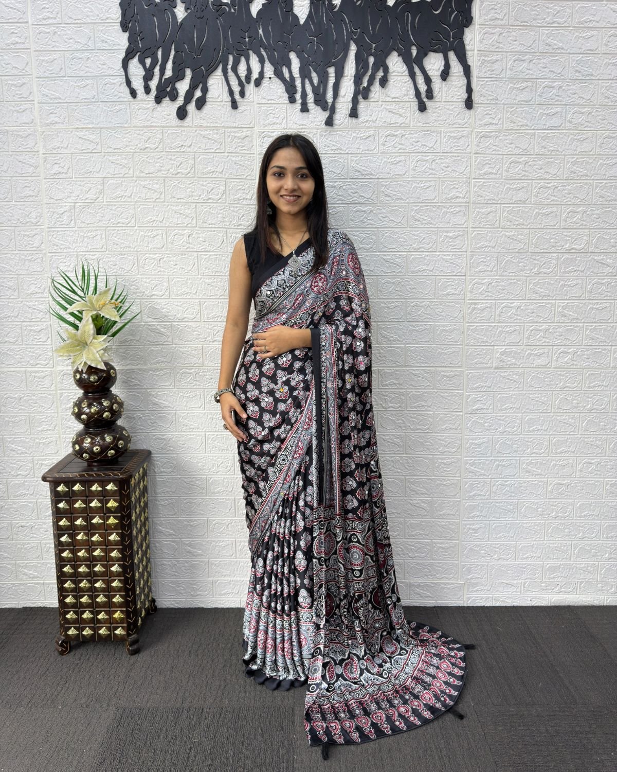Block Printed Georgette Saree with Mirror Work Pallu and Tassel Accents