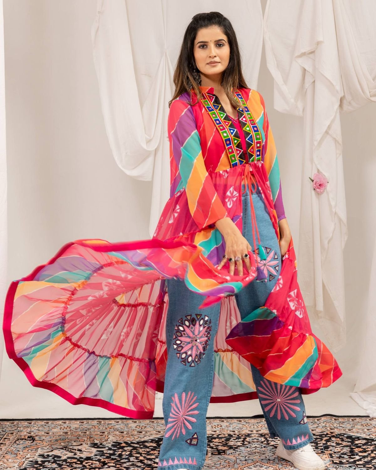 Printed Tiered Shrug with Mirror Work Crop Top Indo-Western Set