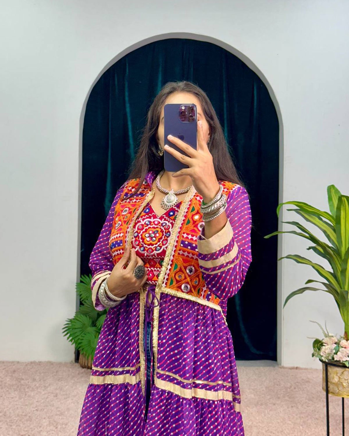 Bandhani Print Flared Jacket Shrug with Mirror Work Yoke