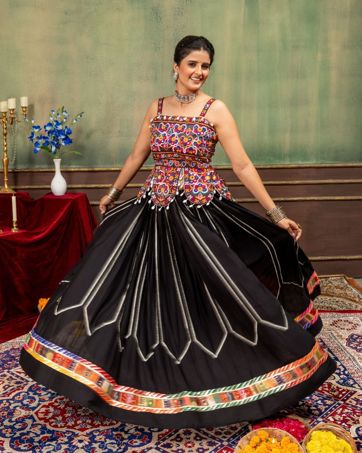 Traditional Kutchi Mirror Work Sleeveless Top with Pleated Flared Lehenga Set