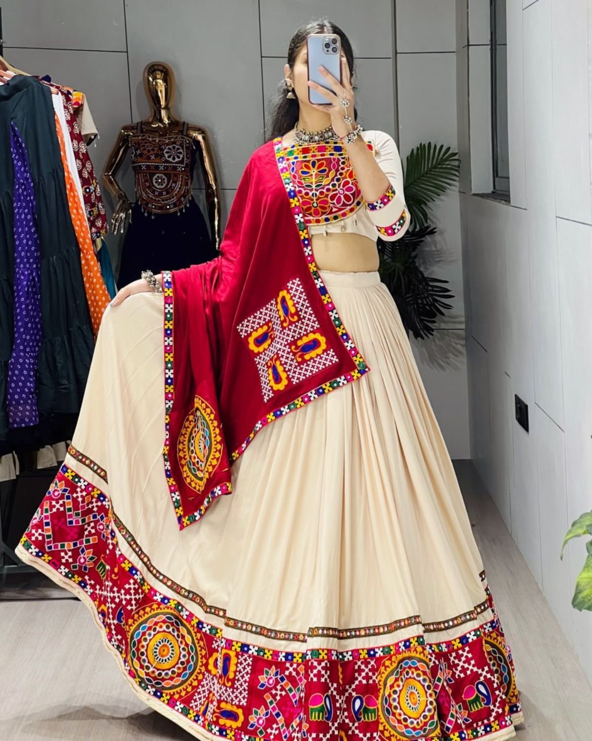 Embroidered Kutchi Work Chaniya Choli Set with Mirror Work Border & Dupatta
