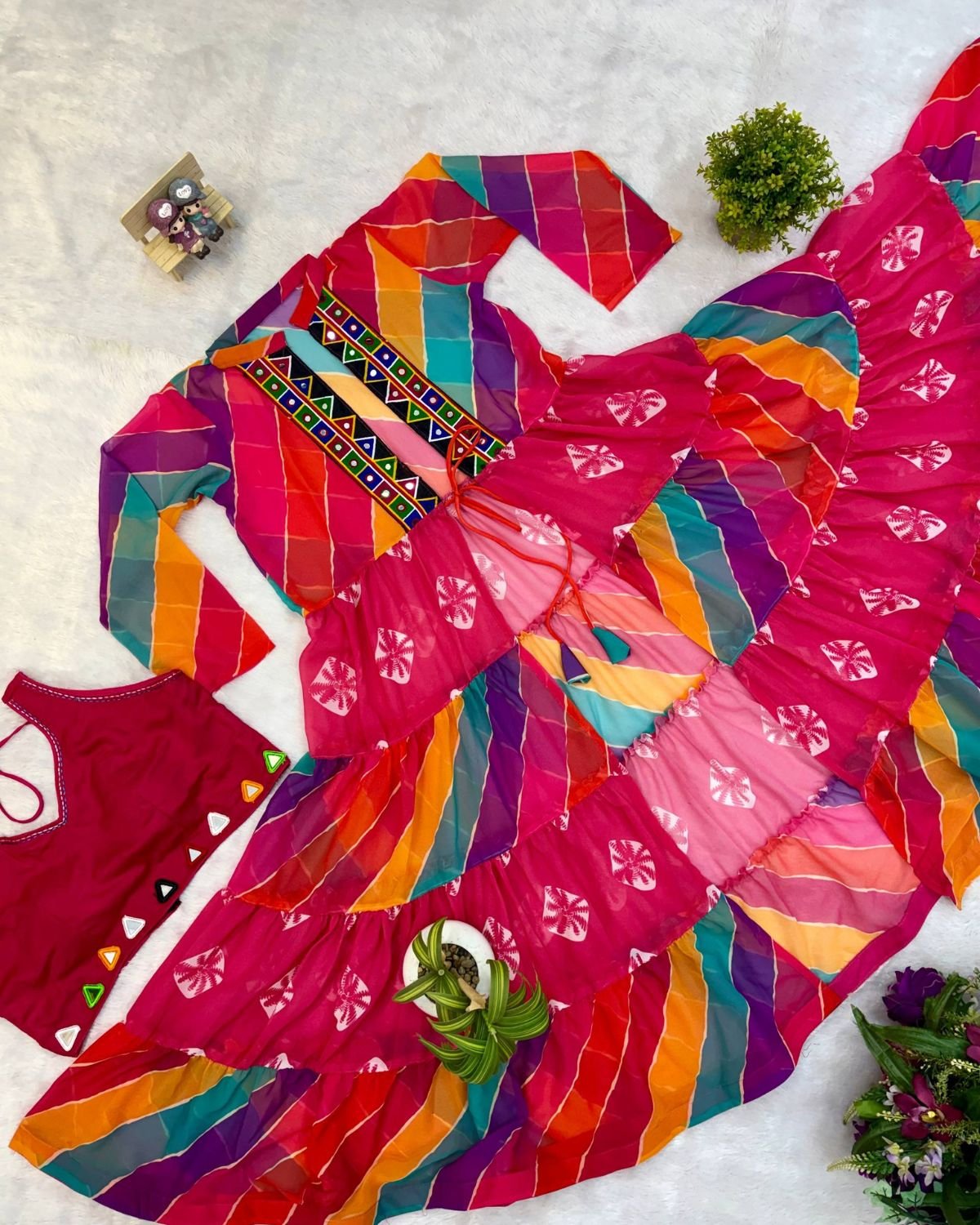 Printed Tiered Shrug with Mirror Work Crop Top Indo-Western Set