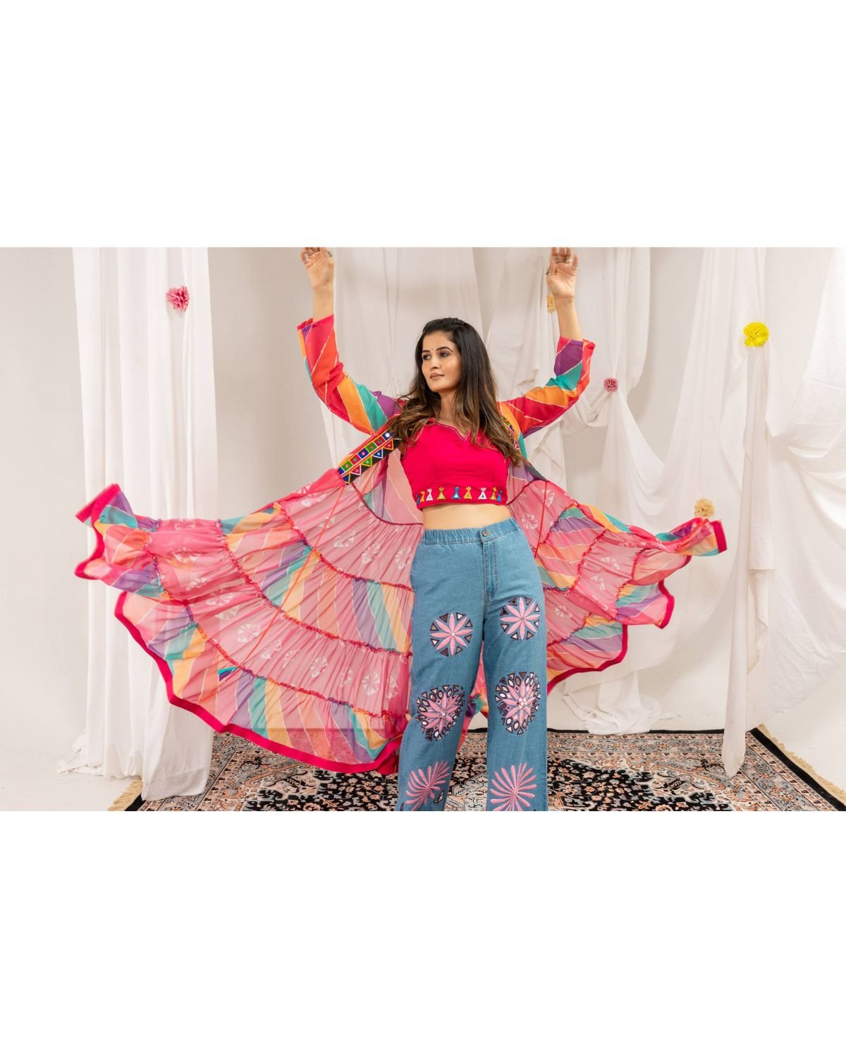 Printed Tiered Shrug with Mirror Work Crop Top Indo-Western Set