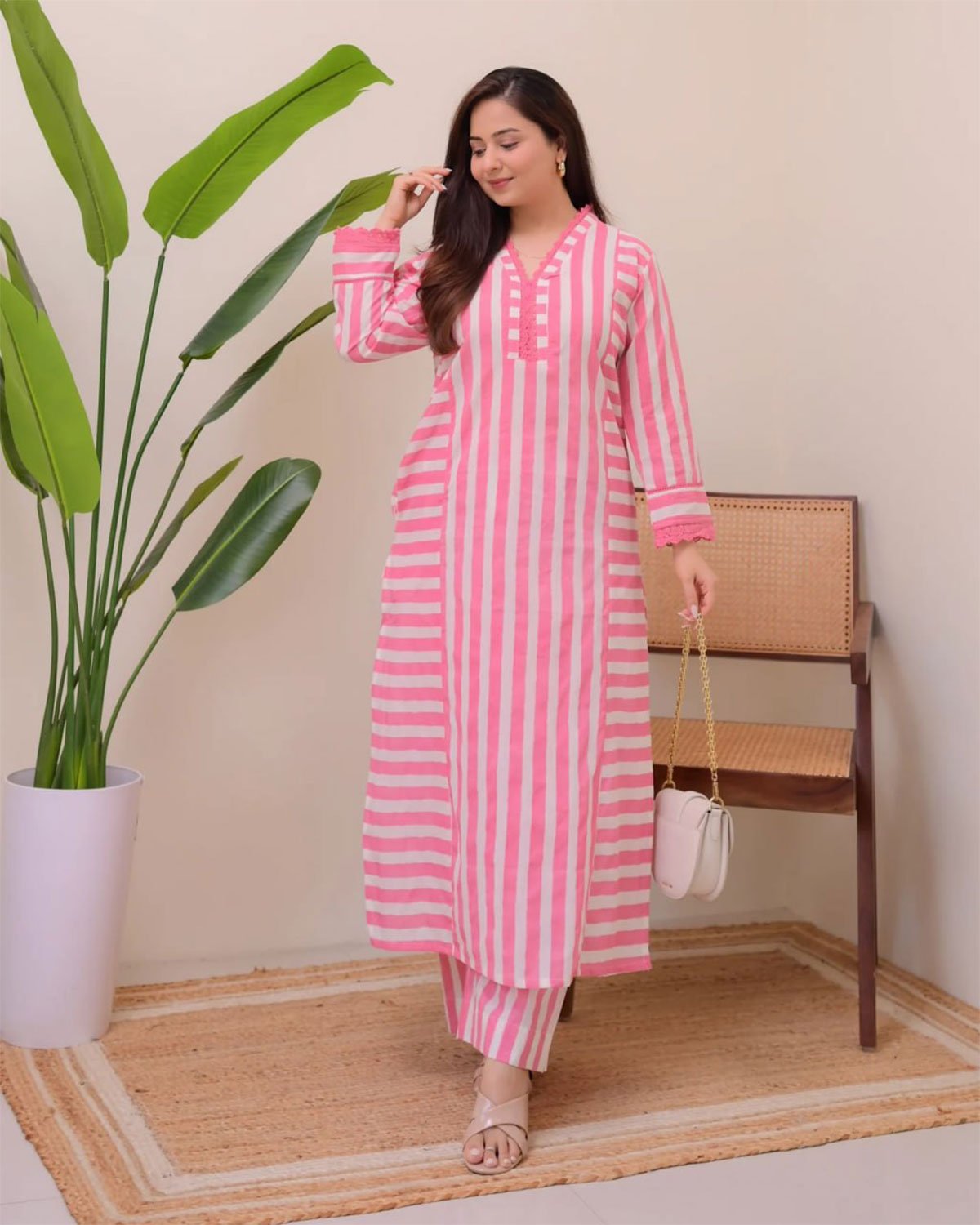 Striped Cotton Kurta with Palazzo Pant Set
