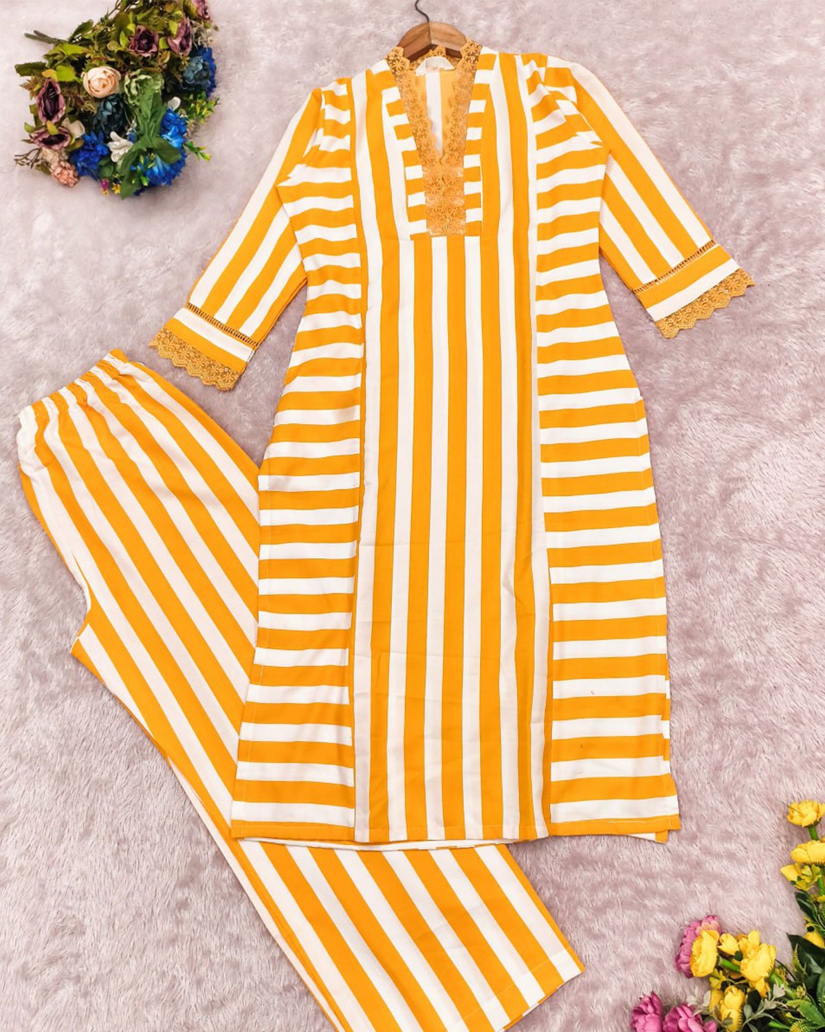 Striped Cotton Kurta with Palazzo Pant Set
