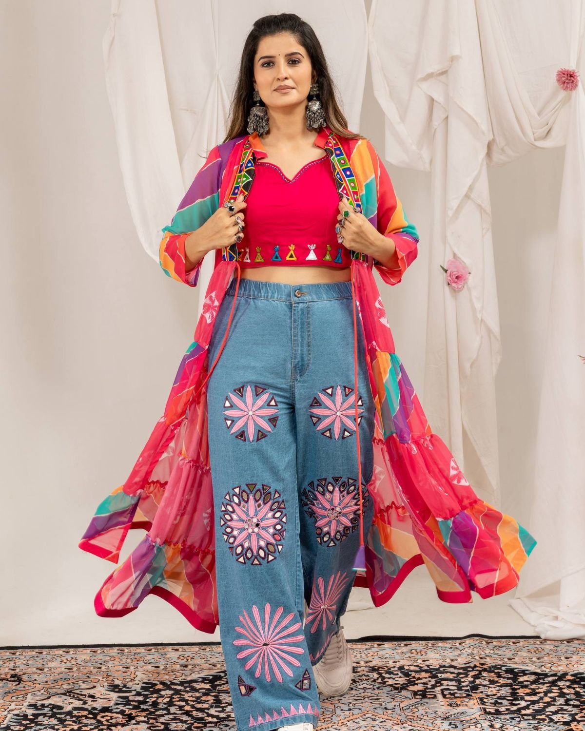 Printed Tiered Shrug with Mirror Work Crop Top Indo-Western Set