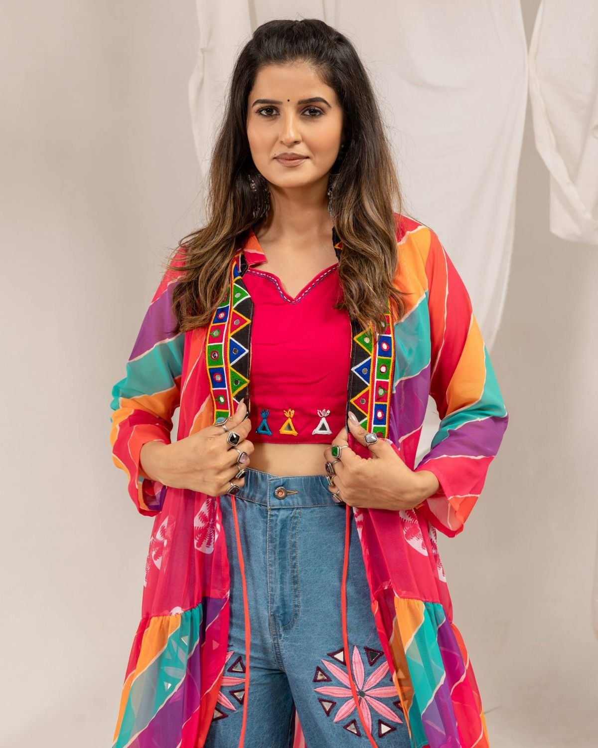 Printed Tiered Shrug with Mirror Work Crop Top Indo-Western Set