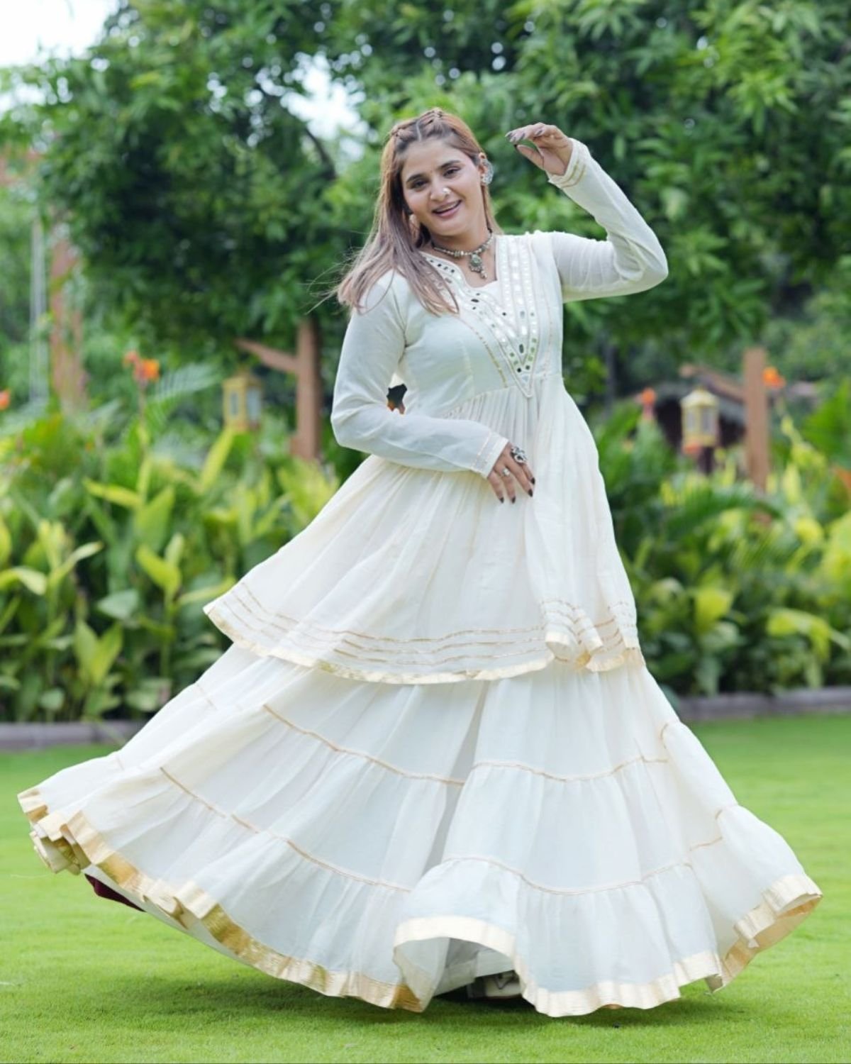 V-Neck Mirror Work Flared Kurti with Tiered Sharara Set