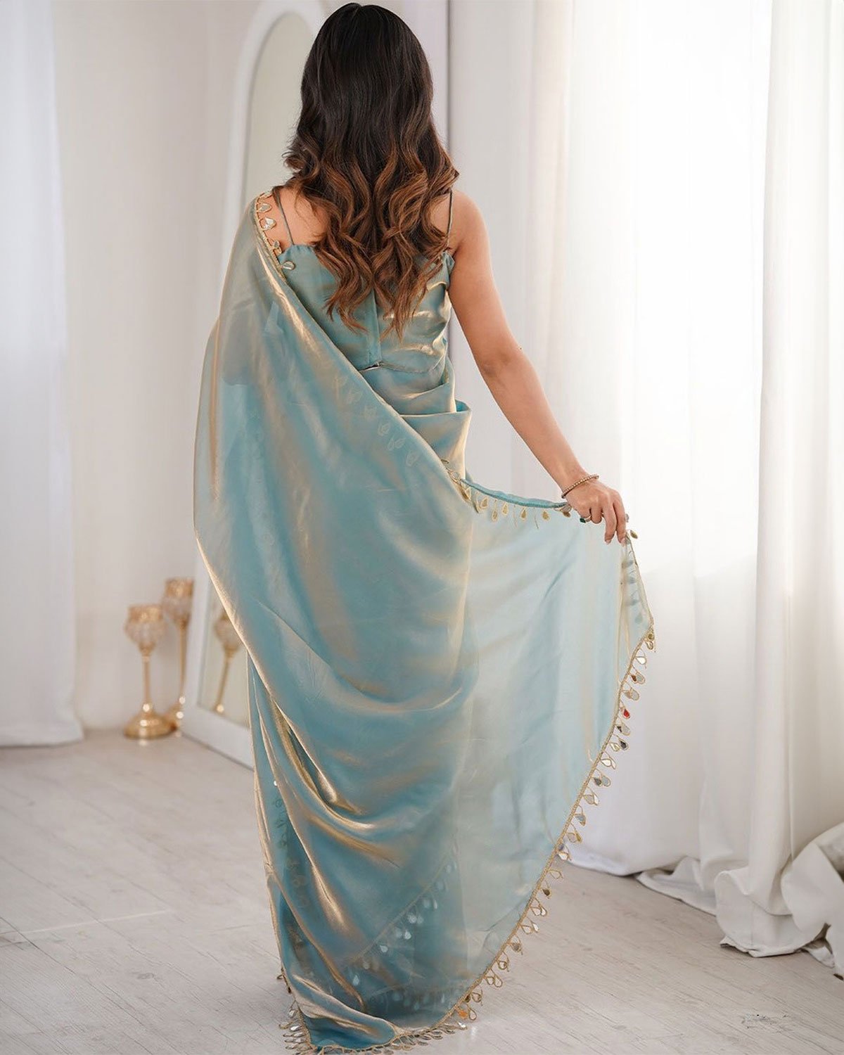 Women's Metallic Shimmer Organza Saree with Mirror Work Border and Matching Blouse Piece