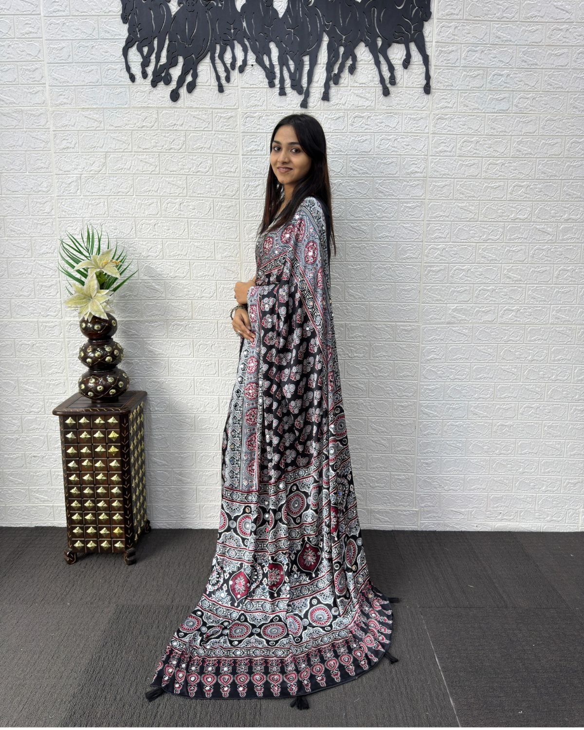 Block Printed Georgette Saree with Mirror Work Pallu and Tassel Accents