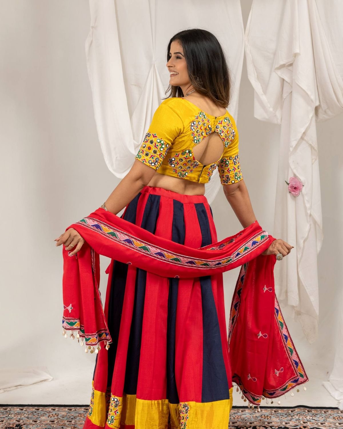 Traditional Mirror Work Fitted Top with Color-Blocked Flared Lehenga & Dupatta Set