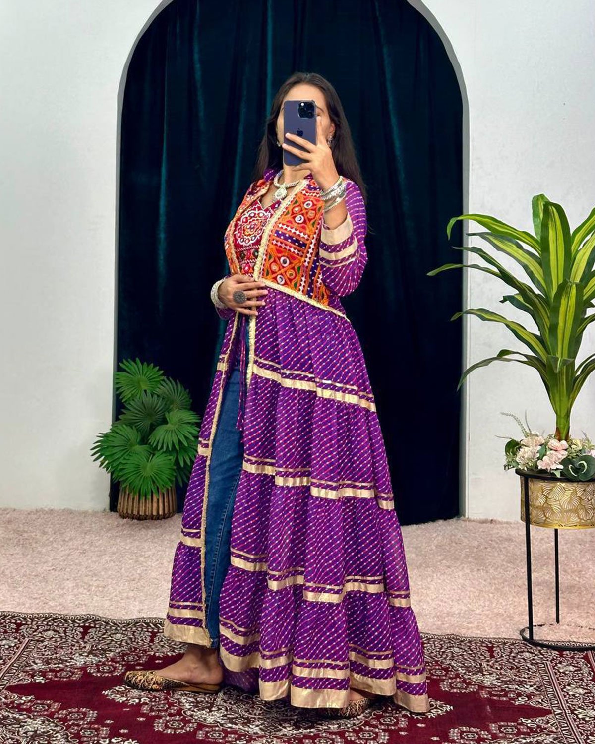Bandhani Print Flared Jacket Shrug with Mirror Work Yoke