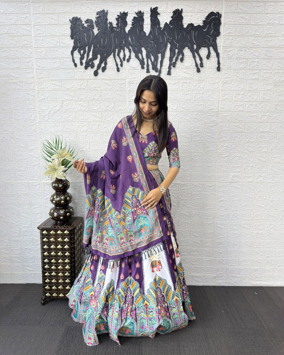 Folk Art Designer Lehenga Choli with Matching Dupatta Set