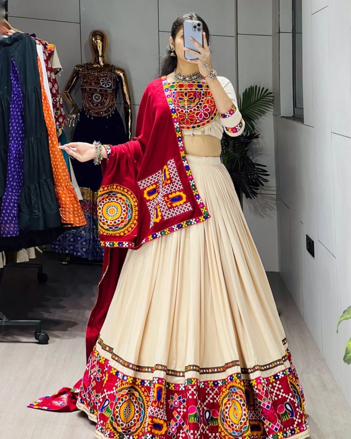 Embroidered Kutchi Work Chaniya Choli Set with Mirror Work Border & Dupatta