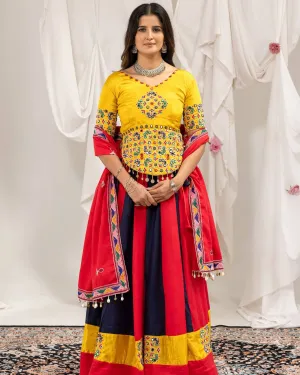 Traditional Mirror Work Fitted Top with Color-Blocked Flared Lehenga & Dupatta Set