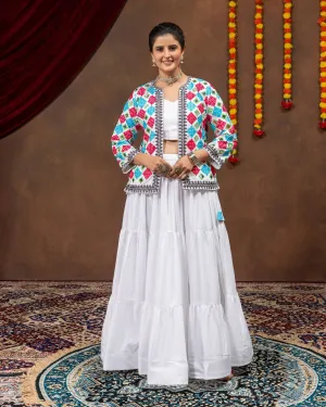 Traditional Embroidered 3-Piece Skirt Set with Crop Top and Jacket