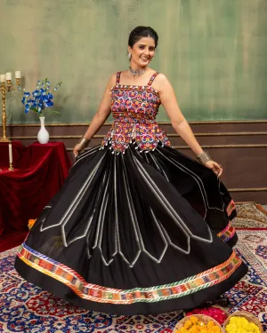 Traditional Kutchi Mirror Work Sleeveless Top with Pleated Flared Lehenga Set