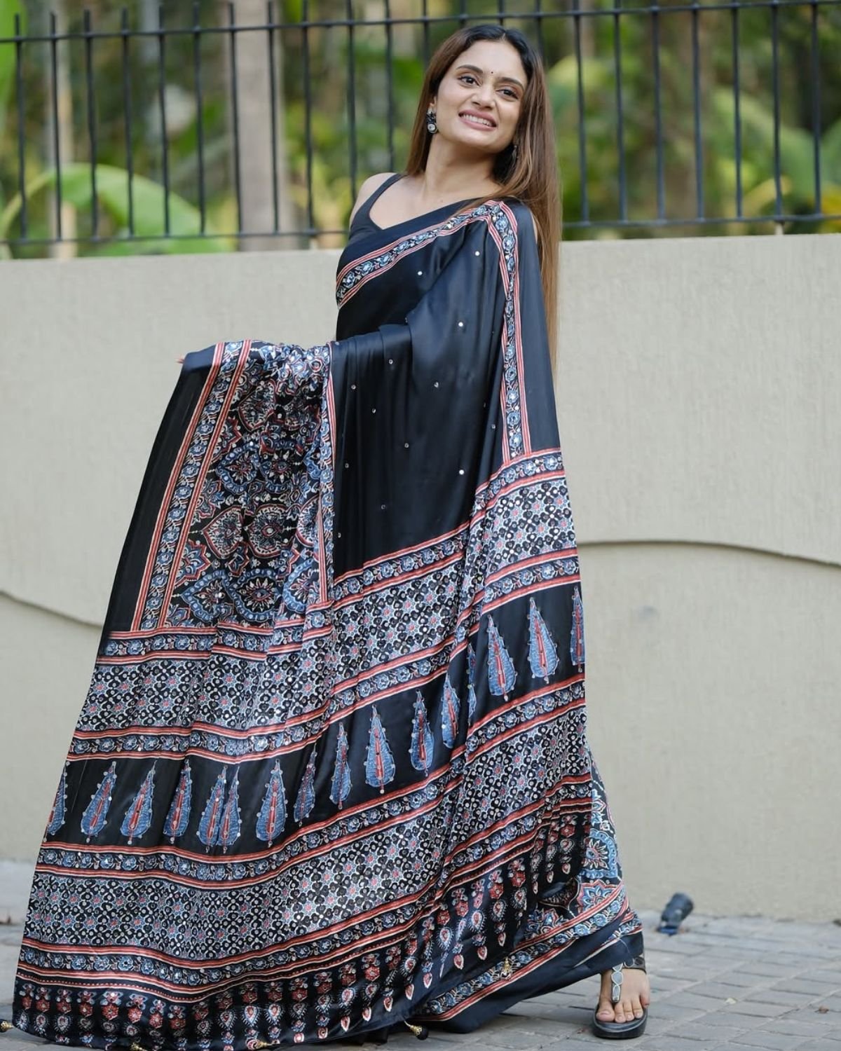 Printed Satin Saree with Kalamkari Motif Border and Embellished Accents