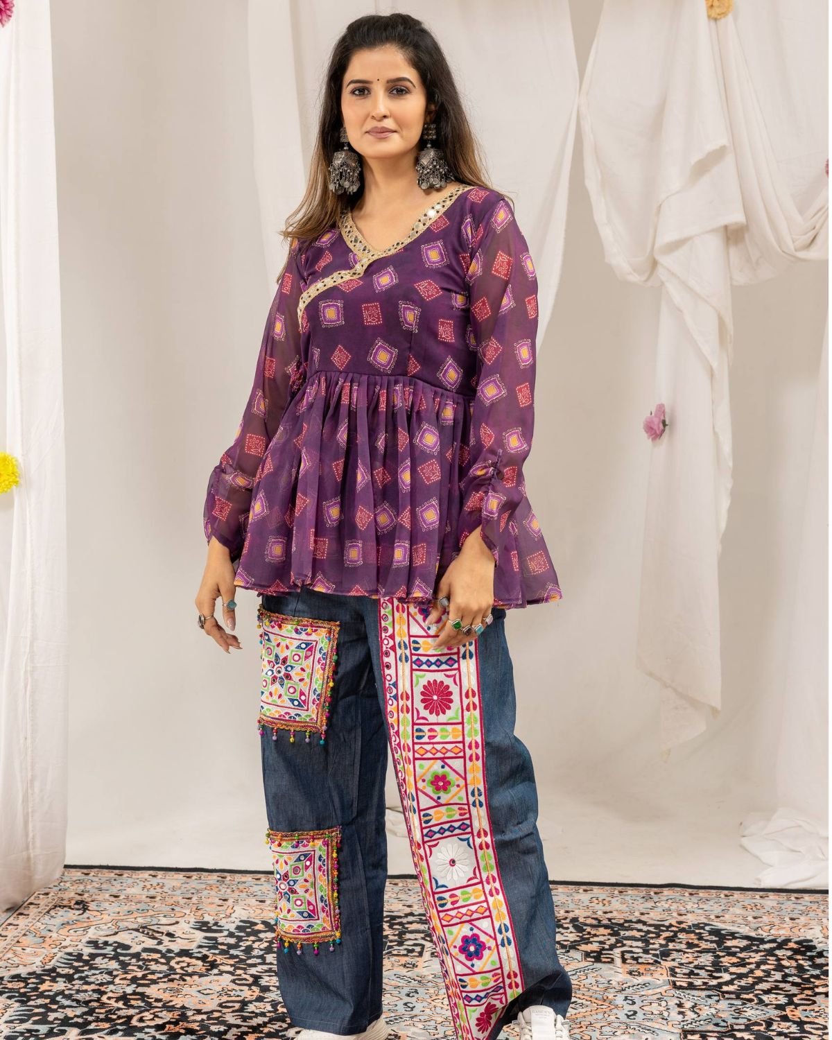 Angrakha Peplum Tunic with Embroidered Patchwork Denim Pants Set