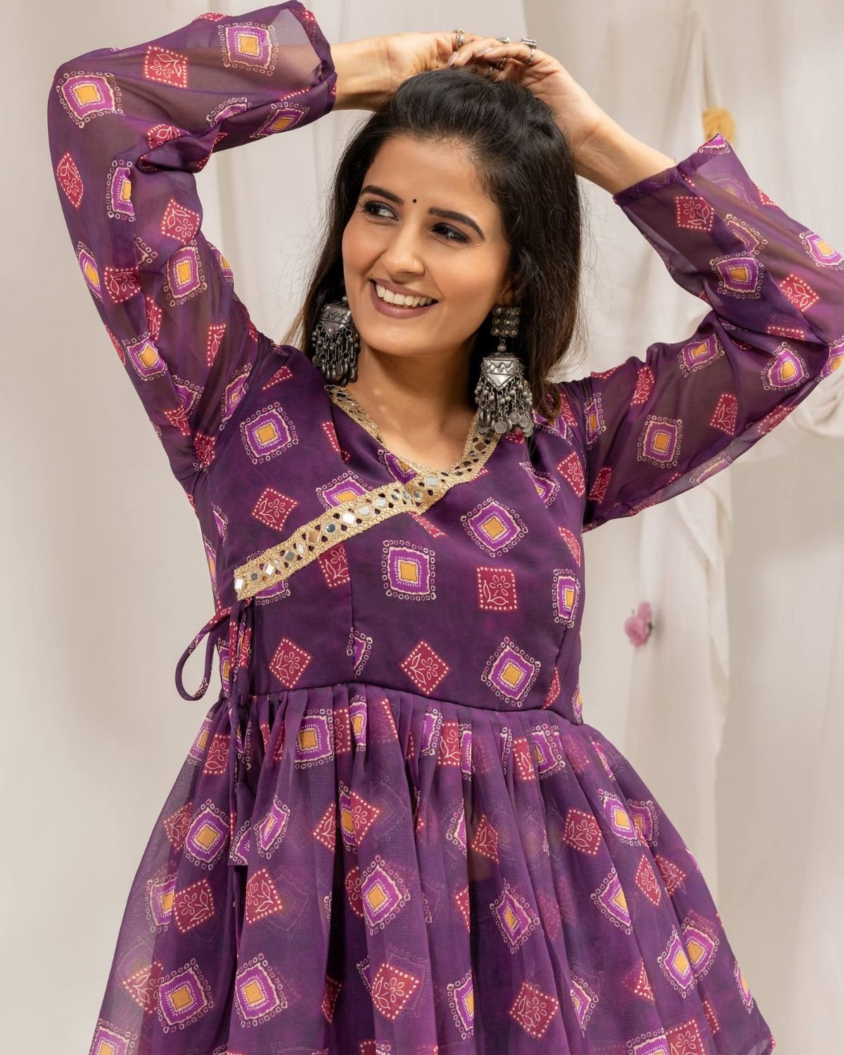 Angrakha Peplum Tunic with Embroidered Patchwork Denim Pants Set