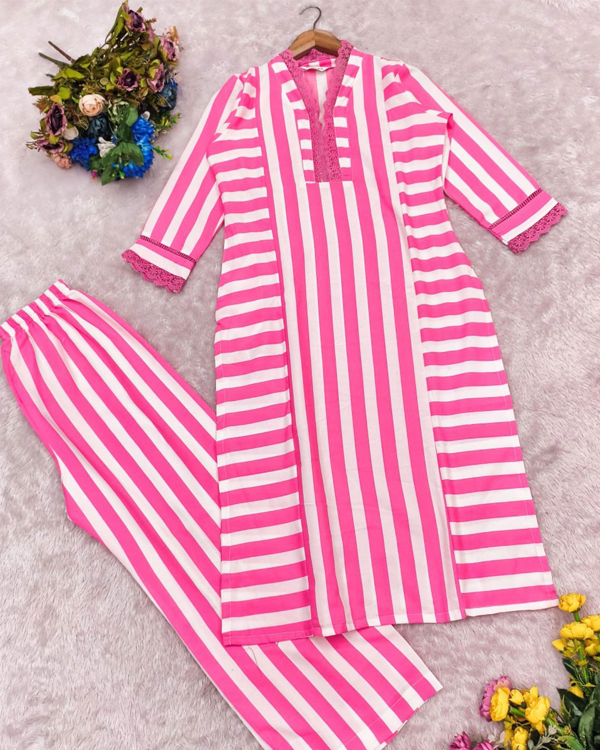Striped Cotton Kurta with Palazzo Pant Set